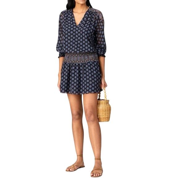 Ramy Brook Printed Davie Silk Smocked V Mini Dress EUC Navy/Pattern Size Small - Picture 1 of 10